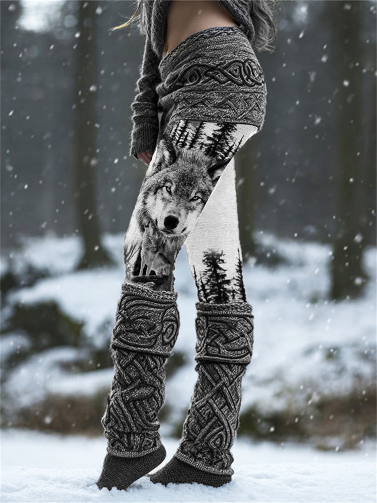 Vintage Viking Wolf Dark Forest Cozy Knit Leggings