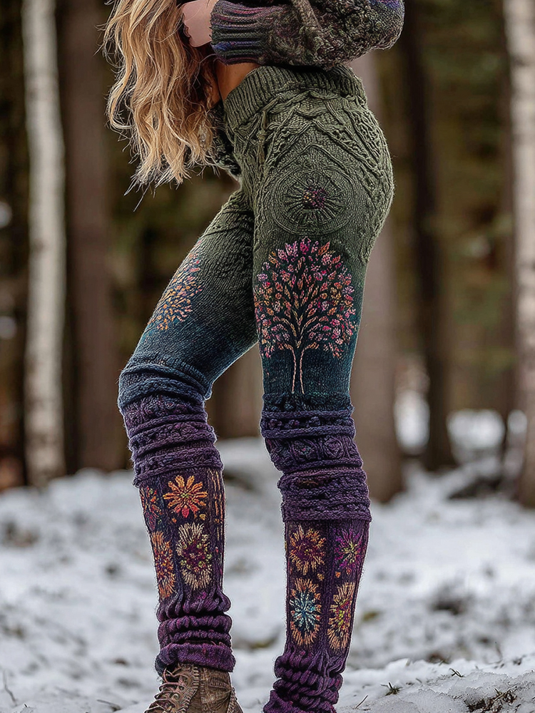 Women's Vintage Floral And Tree Of Life Gradient Casual Leggings