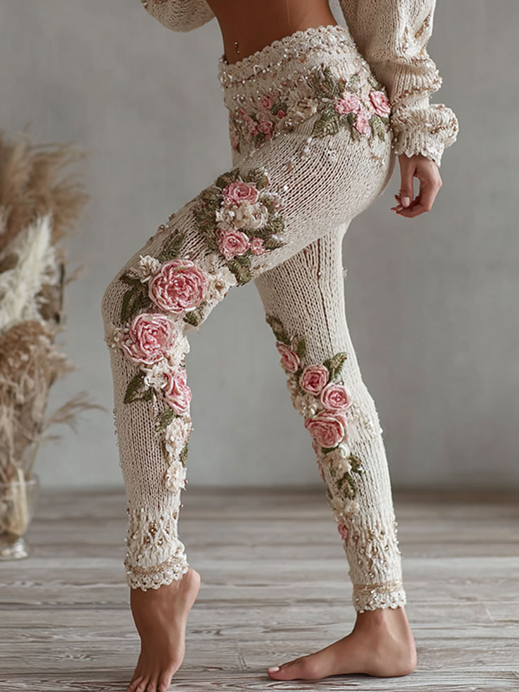 Women's Vintage Pink Floral Art Cozy Knit Leggings