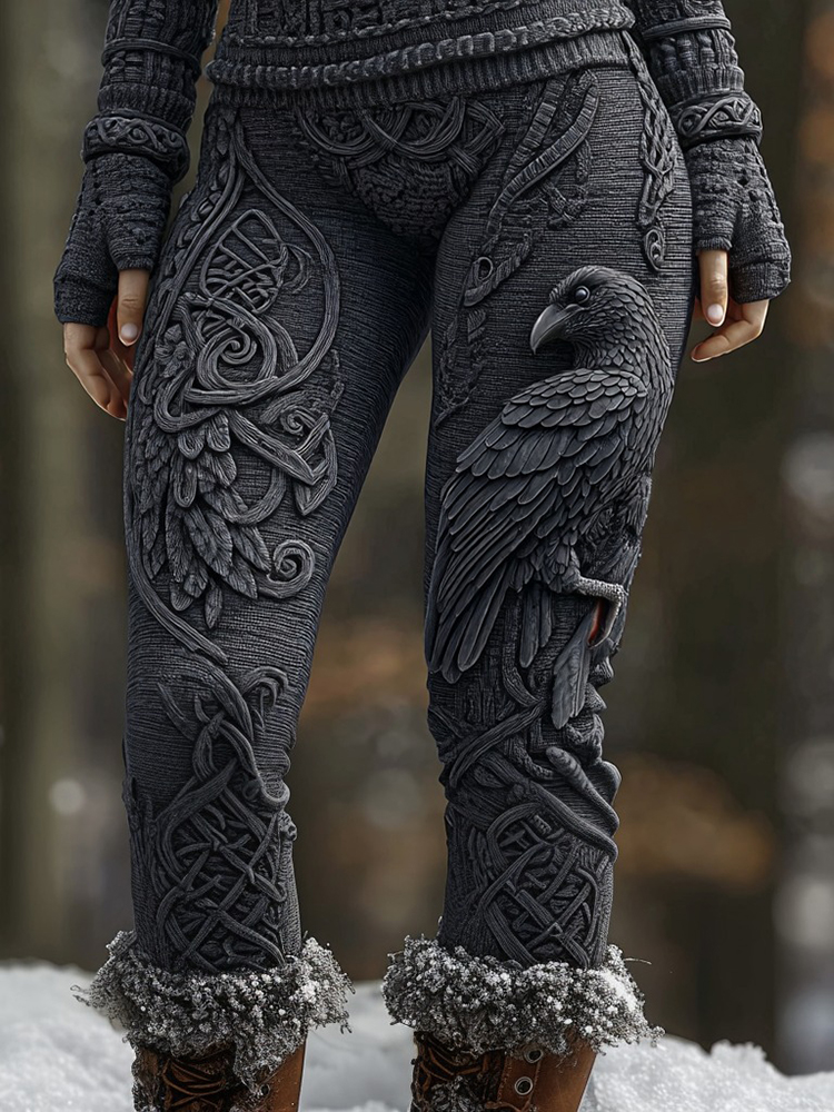 Women's Retro Viking Celtic Knot Raven Pattern Warm Leggings