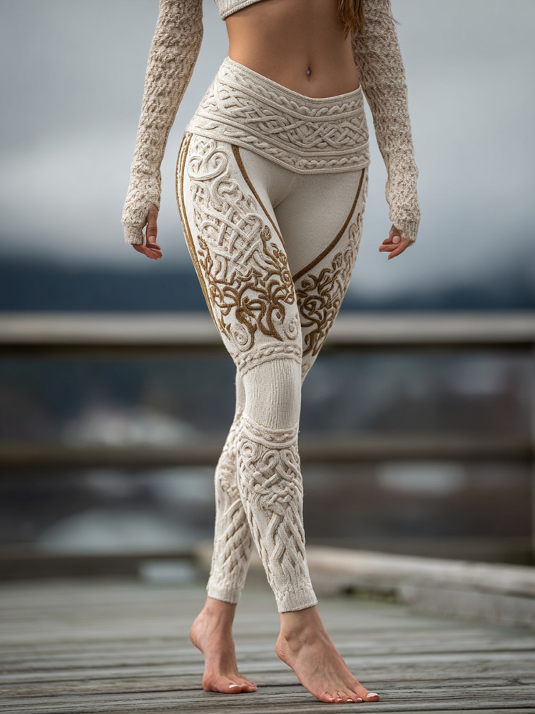 Vintage Viking Celtic Knot Art Knit Jacquard Cozy Leggings