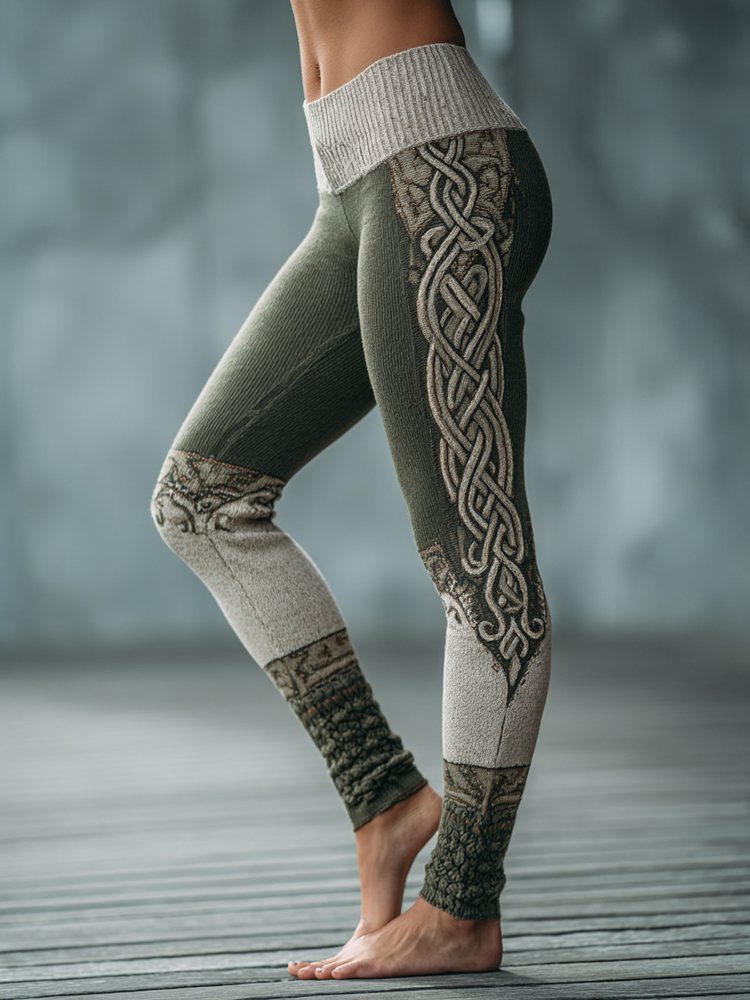 Vintage Viking Celtic  Pattern Art Knit Cozy Leggings