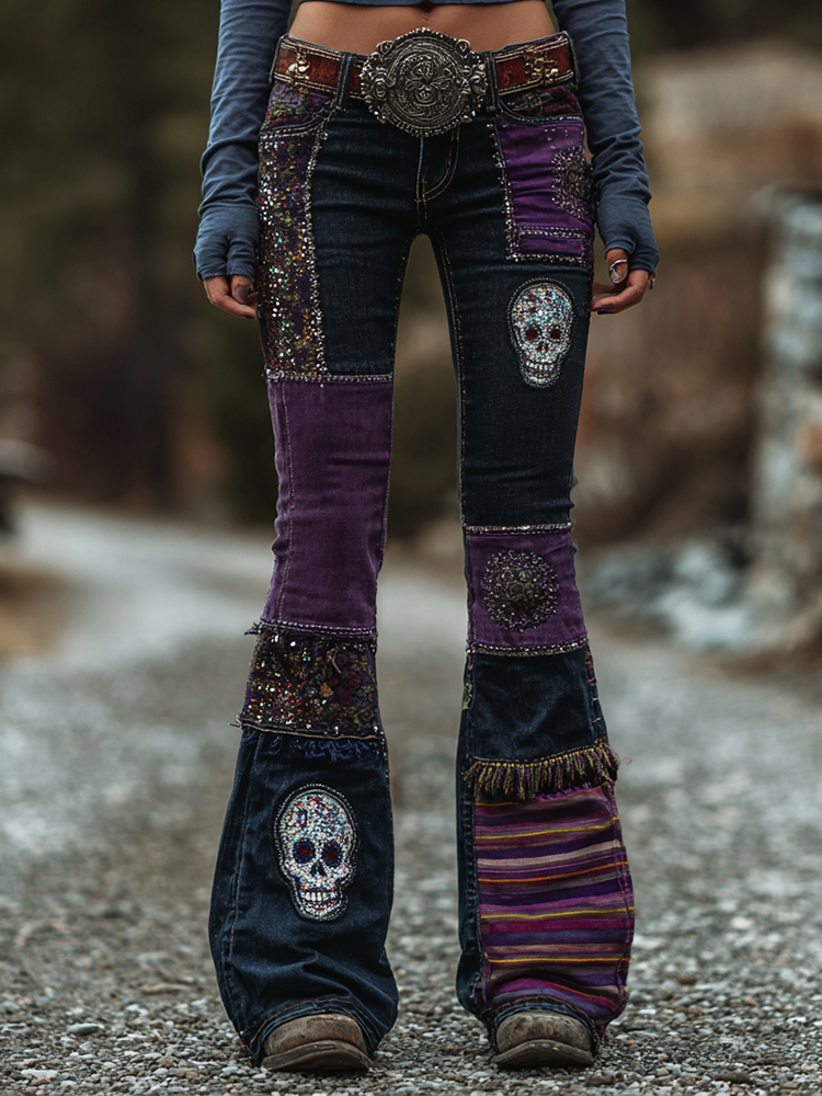 Halloween Skull Embroidered Patchwork Washed Bootcut Jeans