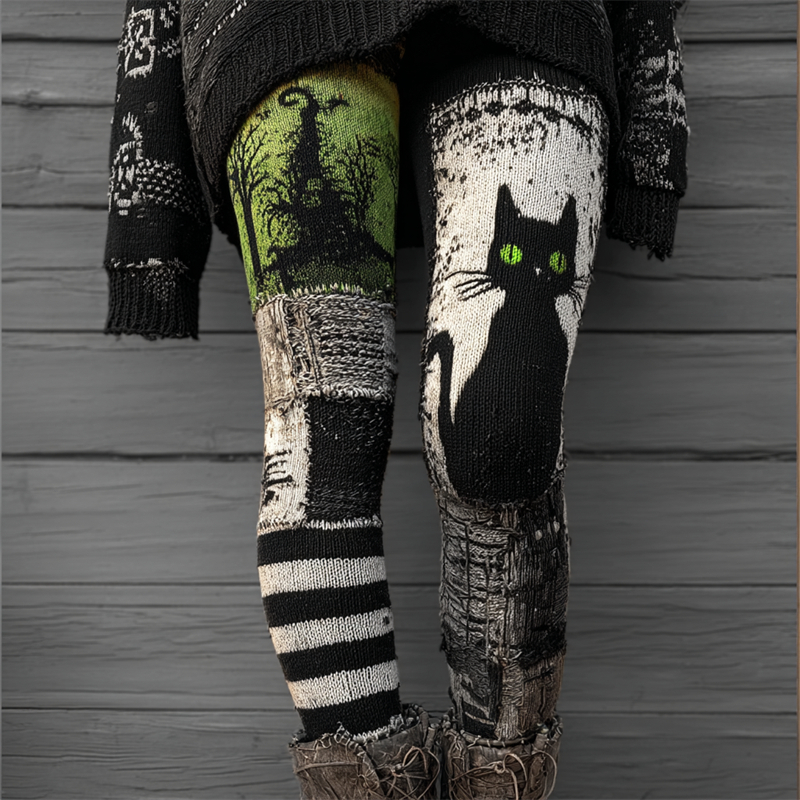 Halloween Black Cat Witch Striped Cozy Knit Leggings