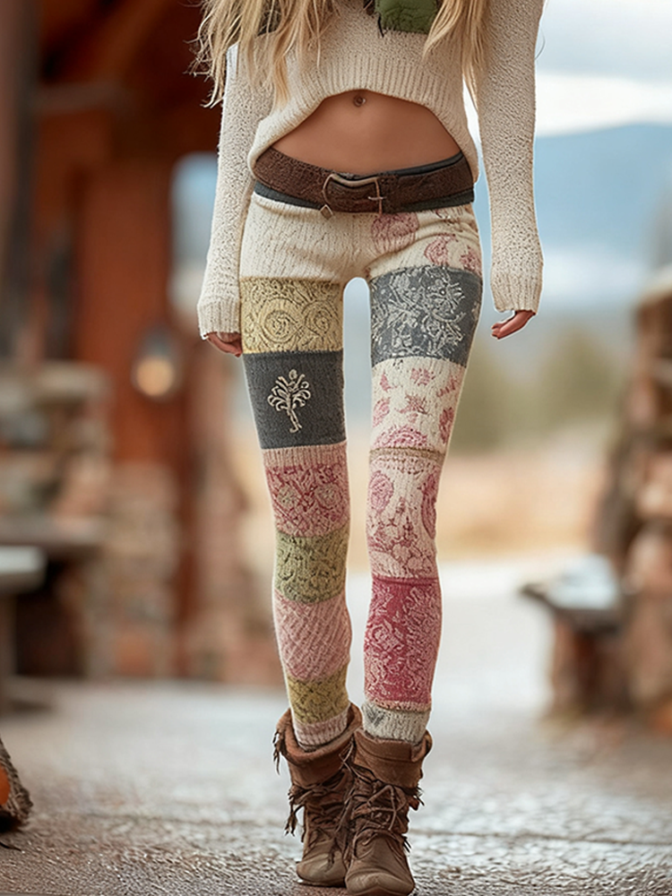 Bohemian Color-blocked Retro Print Women's Knitted Tight-fitting Leggings