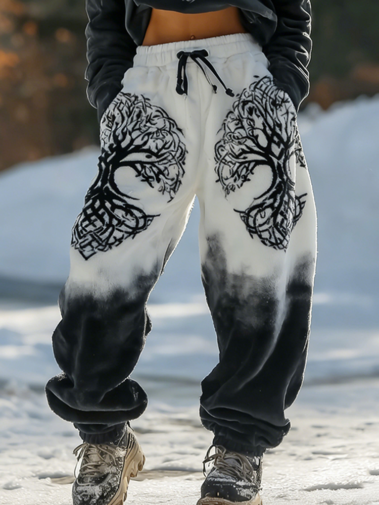 Women's Retro Celtic Tree Of Life Color Block Comfortable Flannel Casual Pants
