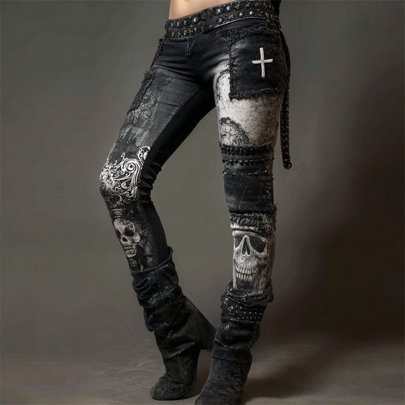 Rock Skull Cross Patchwork Washed Comfy Leggings