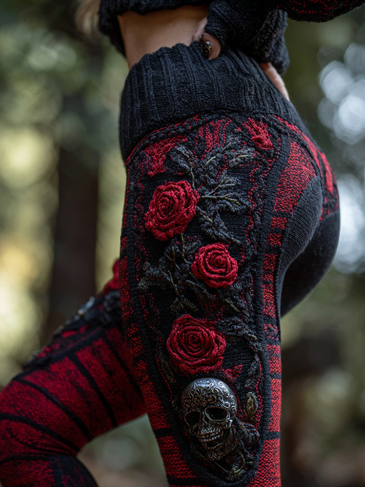 Women's Vintage Sugar Skull And Rose Pattern Comfortable Leggings