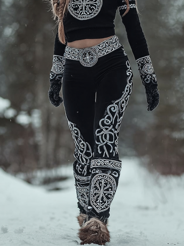 Women's Viking Compass Celtic Knot Black And White Leggings