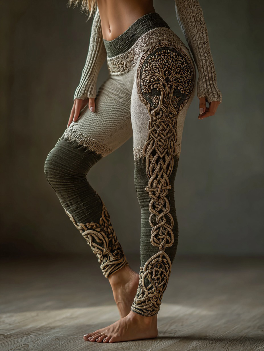 Women's Vintage Tree Of Life Contrast Color Celtic Knit Leggings