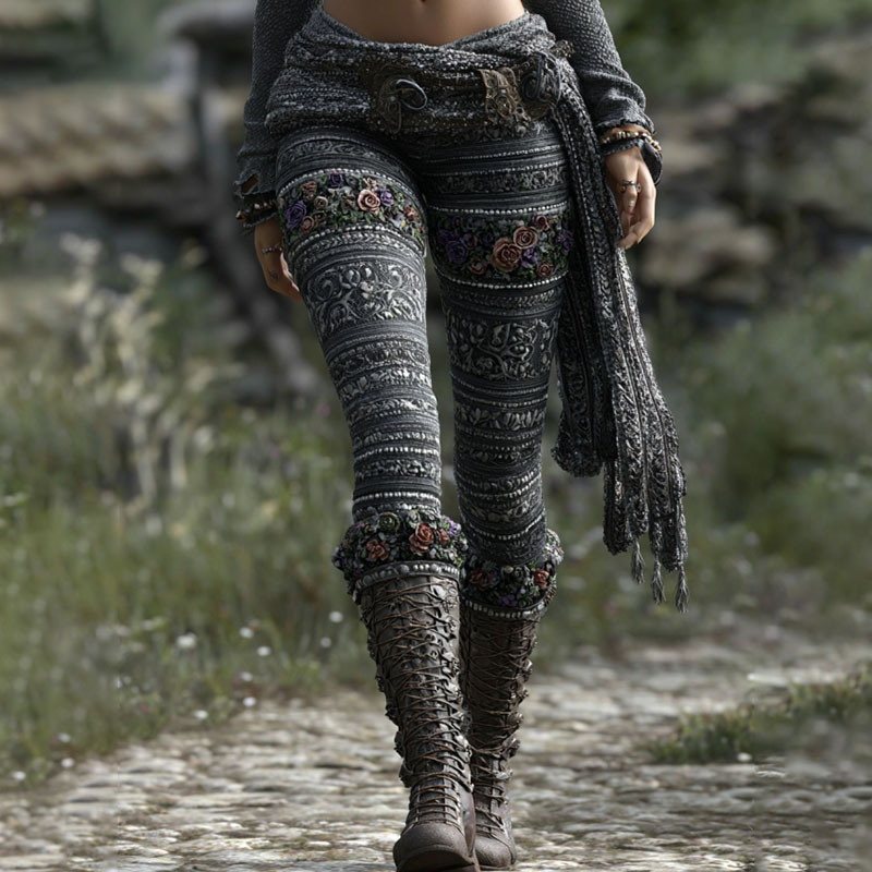 Vintage Viking Floral Embroidered Casual Leggings