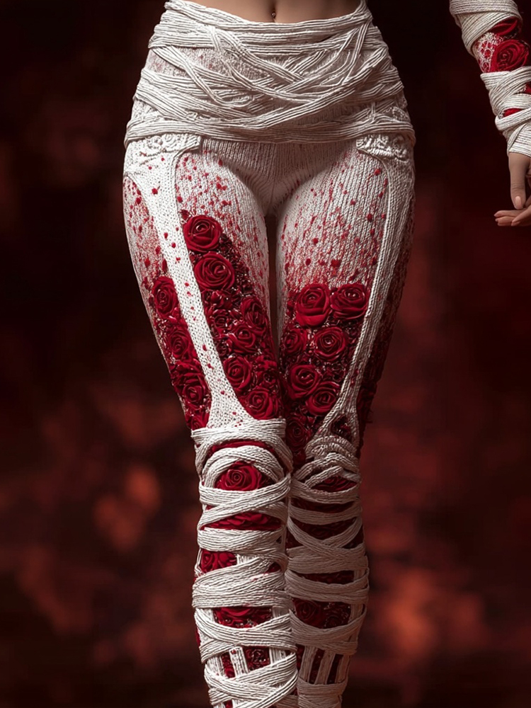 Vintage Skeleton Anatomy Bloody Roses Bandages Knit Leggings