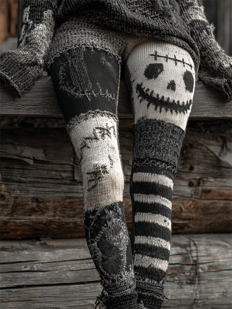 Halloween Stitched Face Contrast Patchwork Cozy Knit Leggings