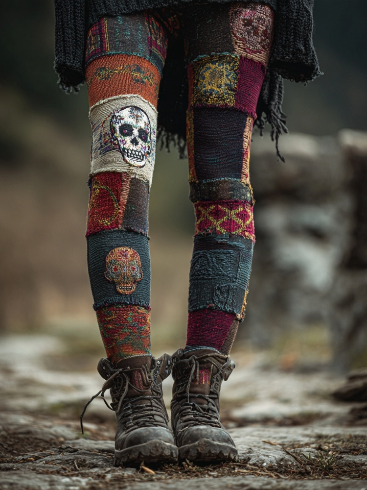 Halloween Skull Retro Patchwork Cozy Knit Leggings