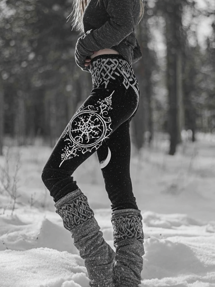Retro Viking Style Star And Moon Myth Women's Tight Knit Leggings