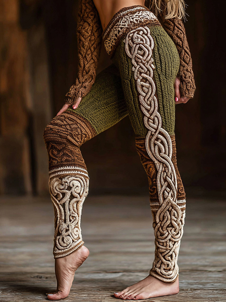 Women's Retro Viking Celtic Knot Rune Contrast Print Knit Leggings