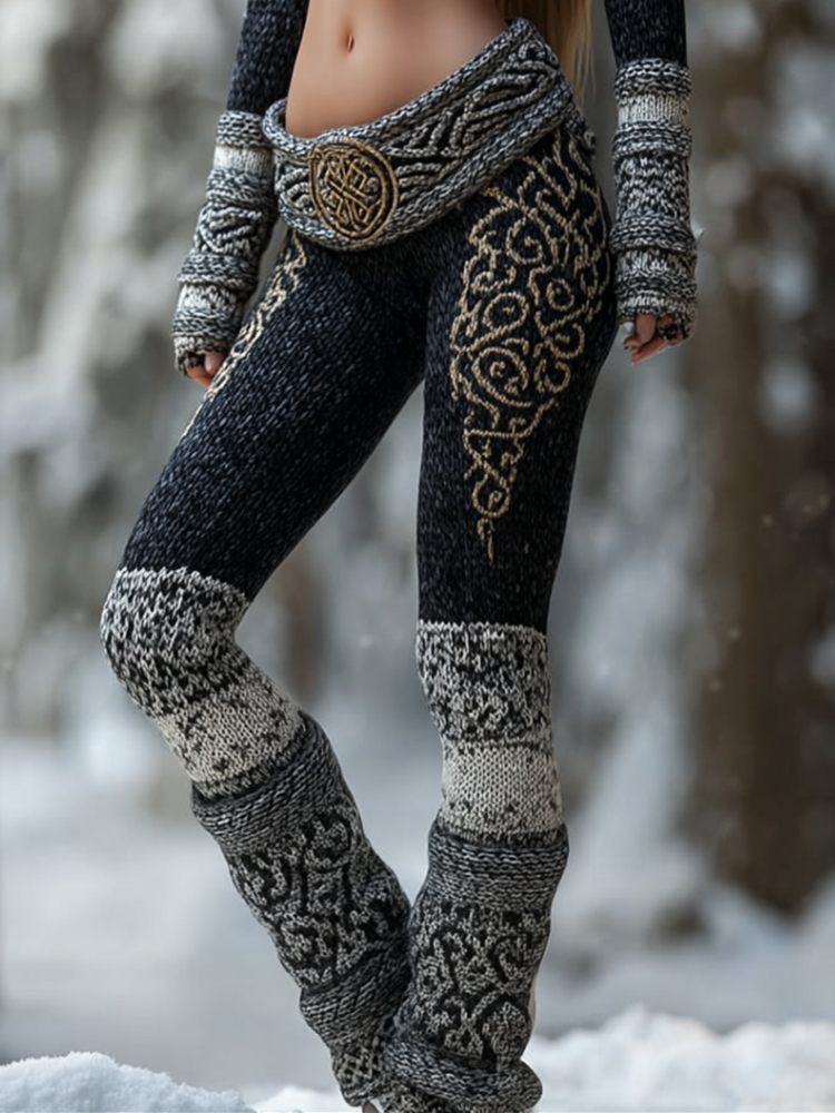 Viking Style Celtic Knot Flat Embroidered Leggings