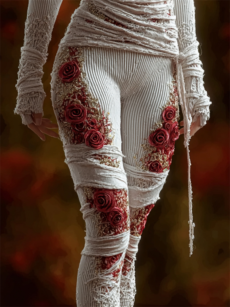 Halloween Vintage Bloody Roses Bandages Cozy Knit Leggings