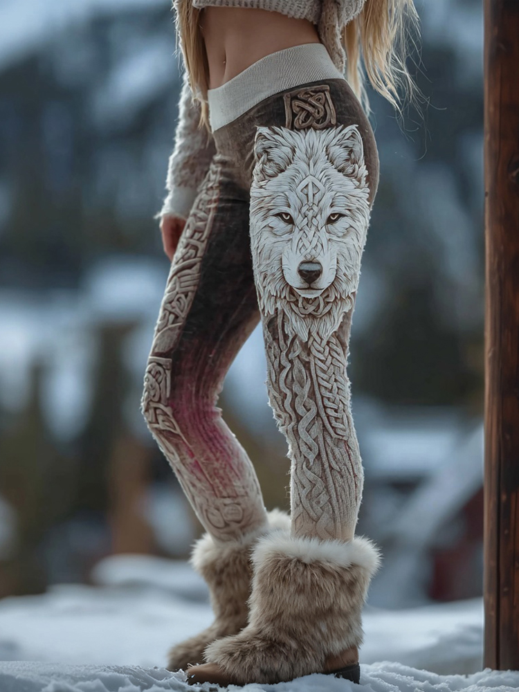 Vintage Viking Wolf Dragon Celtic Cozy Knit Leggings