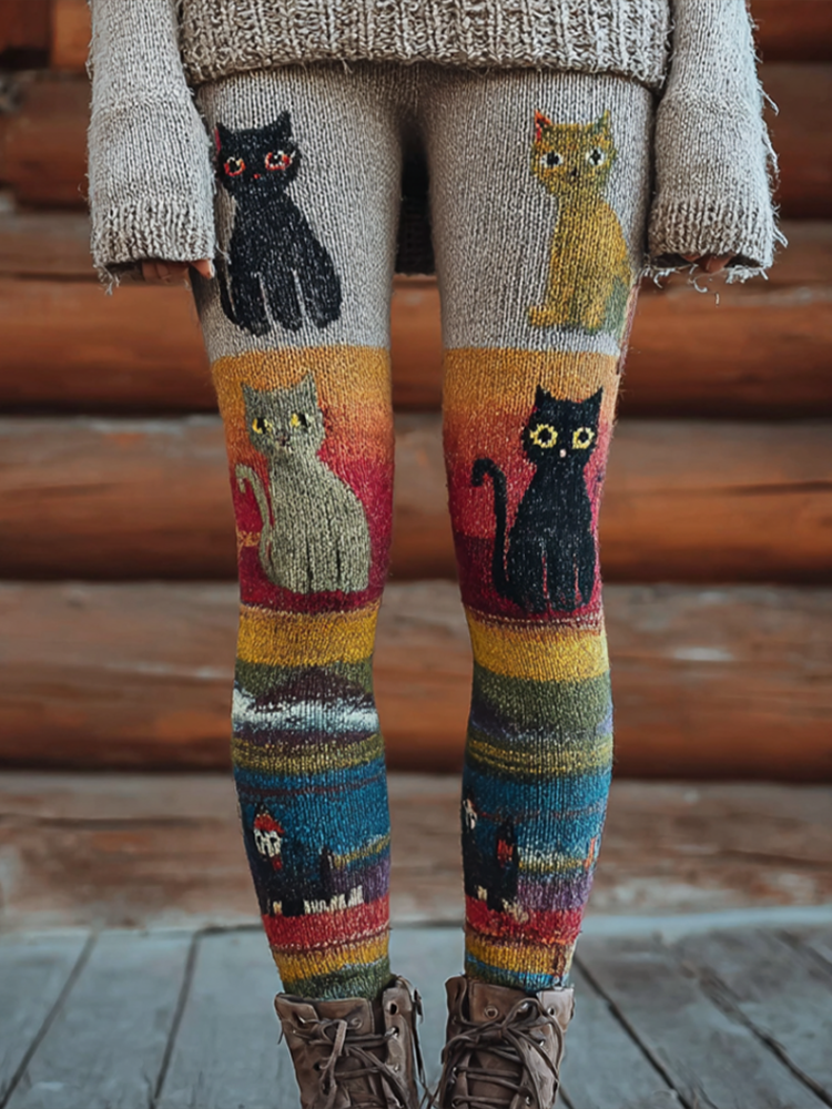 Christmas Fun Cat Knitting Tight-fitting Leggings