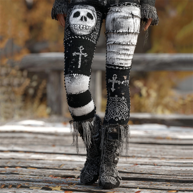 Vintage Skull & Cross Distressed Patchwork Cozy Knit Leggings