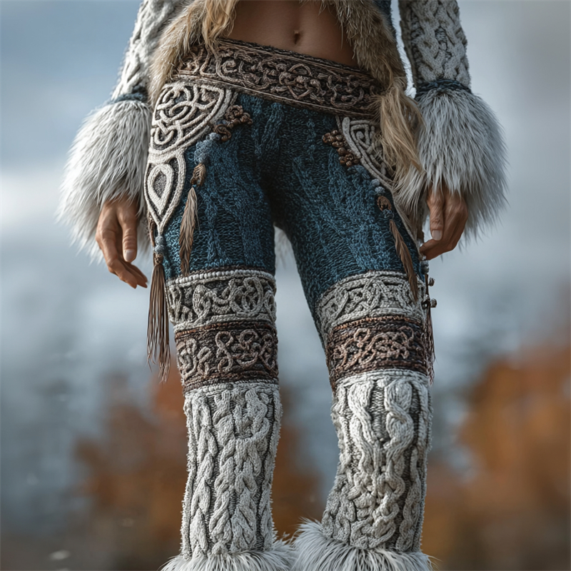Vintage Western Ethnic Feathers Contrast Celtic Cozy Knit Leggings