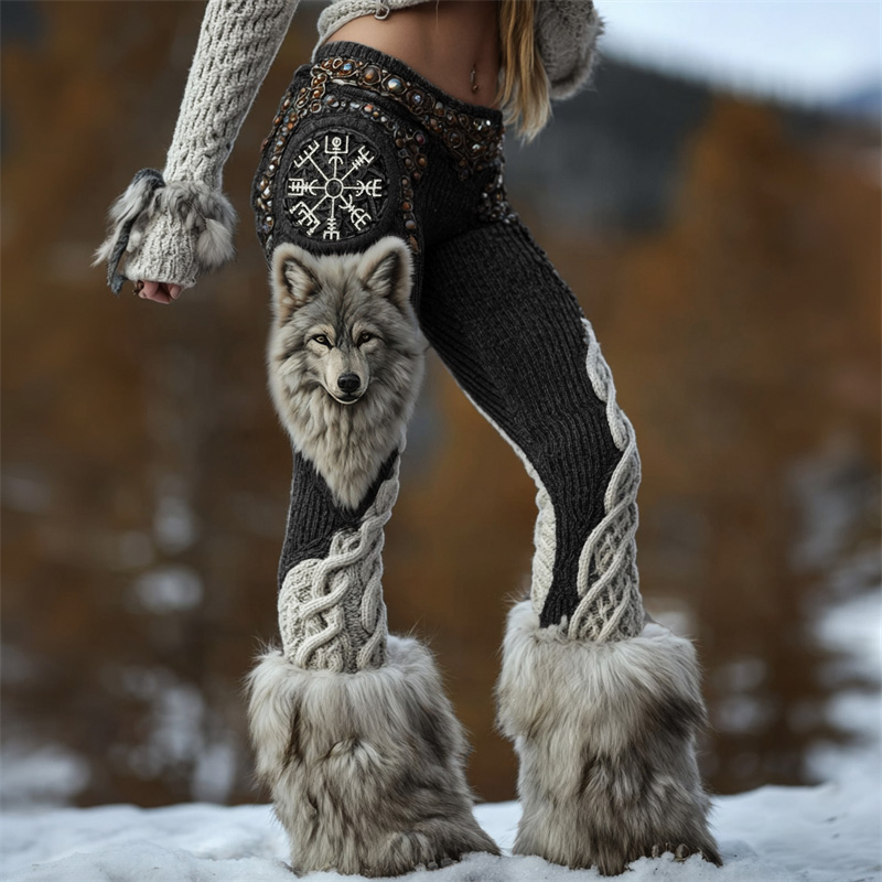 Vintage Viking Vegvisir Wolf Celtic Cozy Knit Leggings