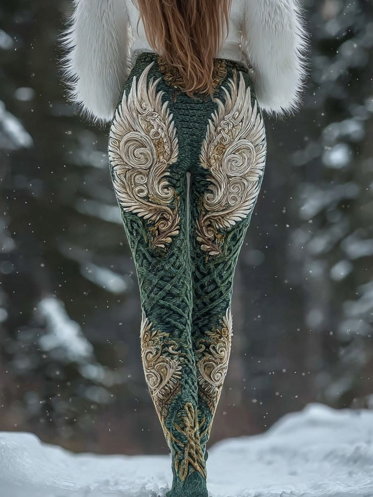 Vintage Viking Style Angle Wings Pattern Cozy Knit Leggings