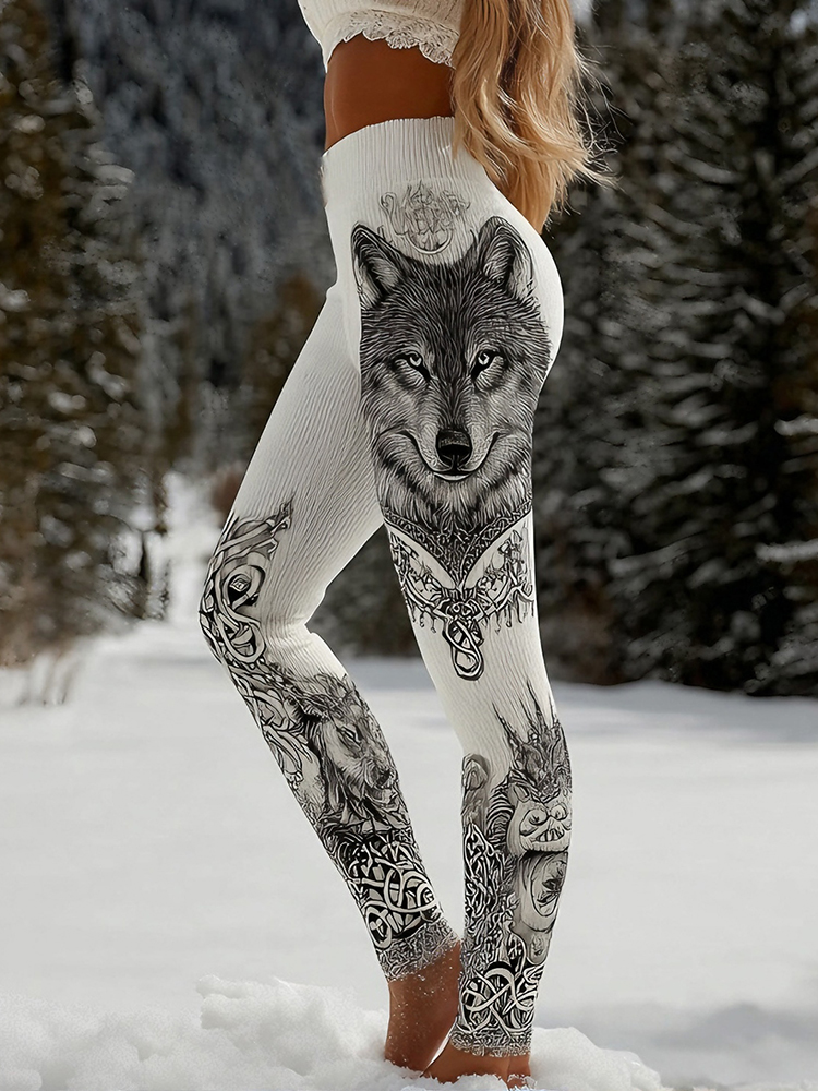 Vintage Viking Inspired Wolf Pattern Comfy Leggings