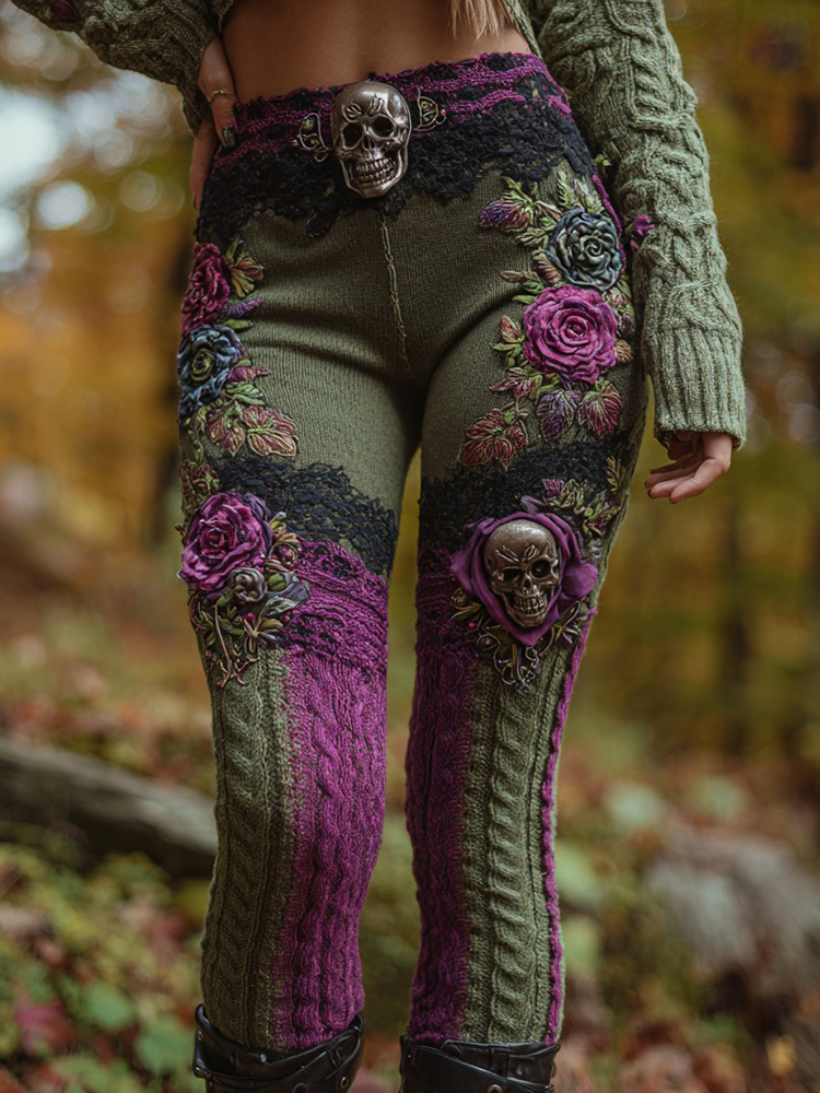 Women's Vintage Skull And Flower Art Comfort Leggings