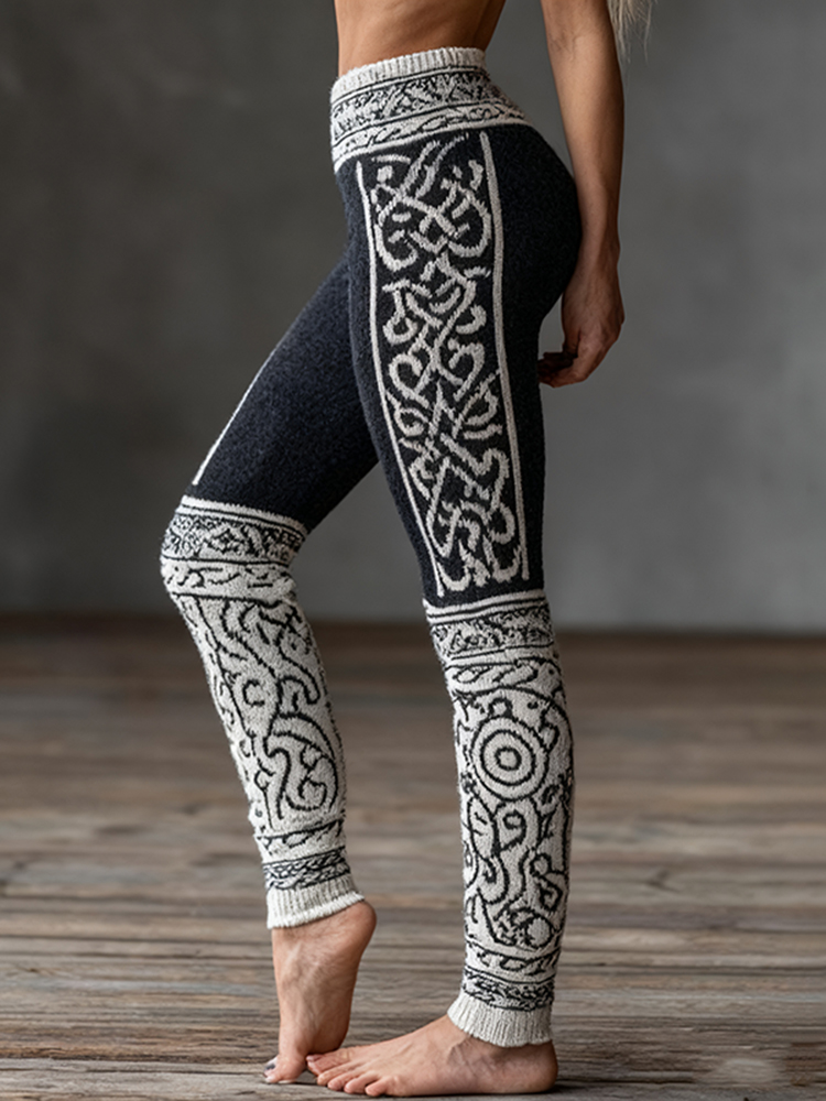 Women's Viking Celtic Pattern Art Geometry Cozy Knit Leggings