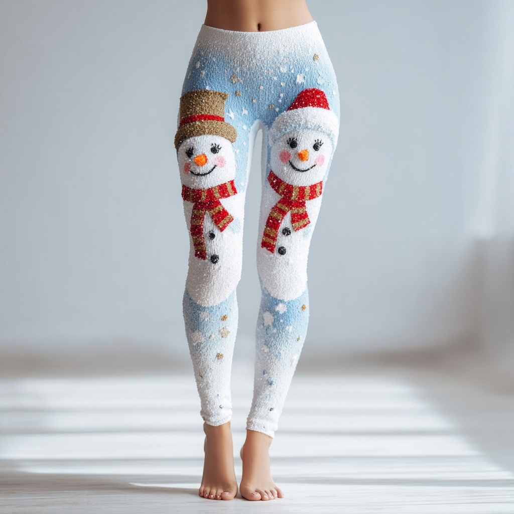 Cute Christmas Snowman Pattern Cozy Knit Leggings