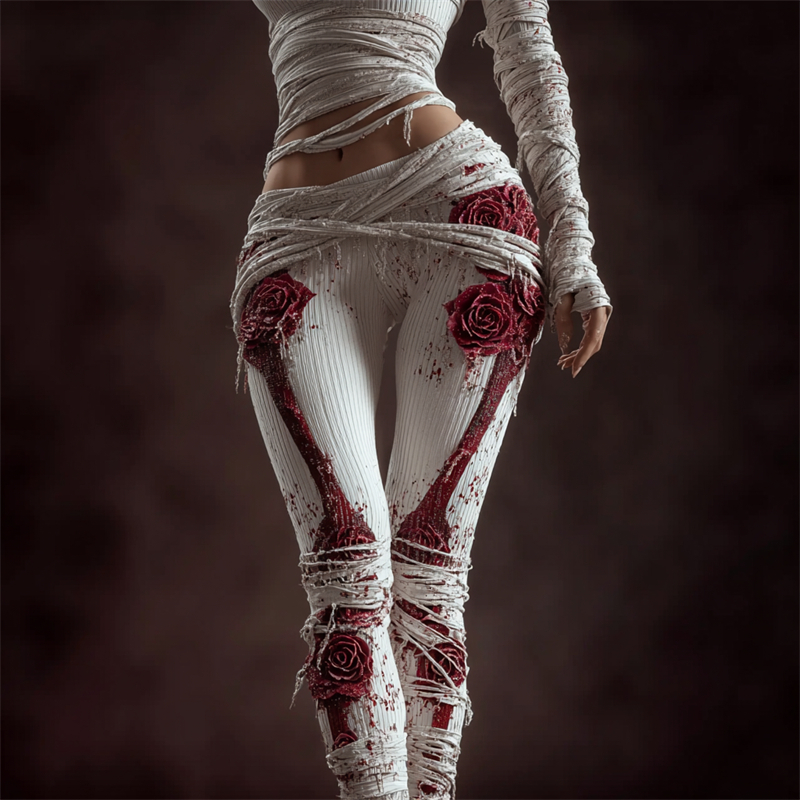 Classy Skeleton Anatomy Bloody Roses Bandages Knit Leggings