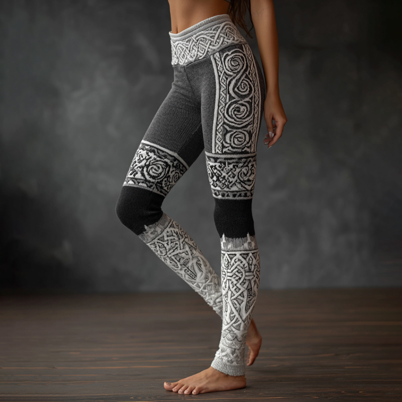 Women's Vintage Viking Celtic Knot With Rose Pattern Colorblock Cozy Leggings