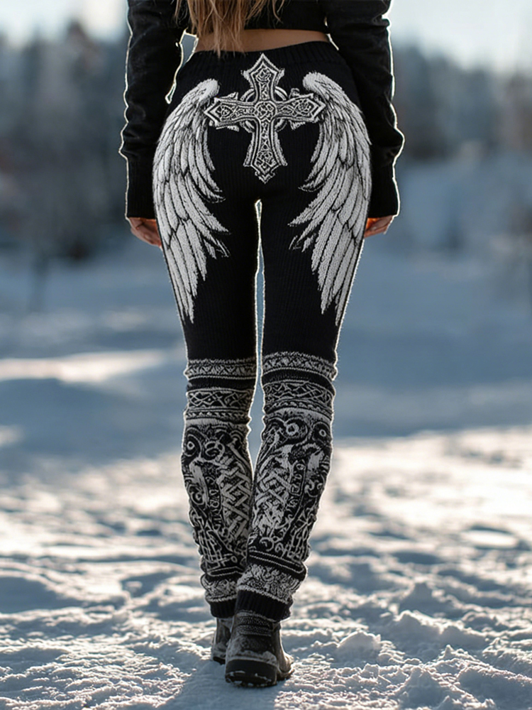 Viking Celtic Cross With Wings Art Cozy Knit Leggings