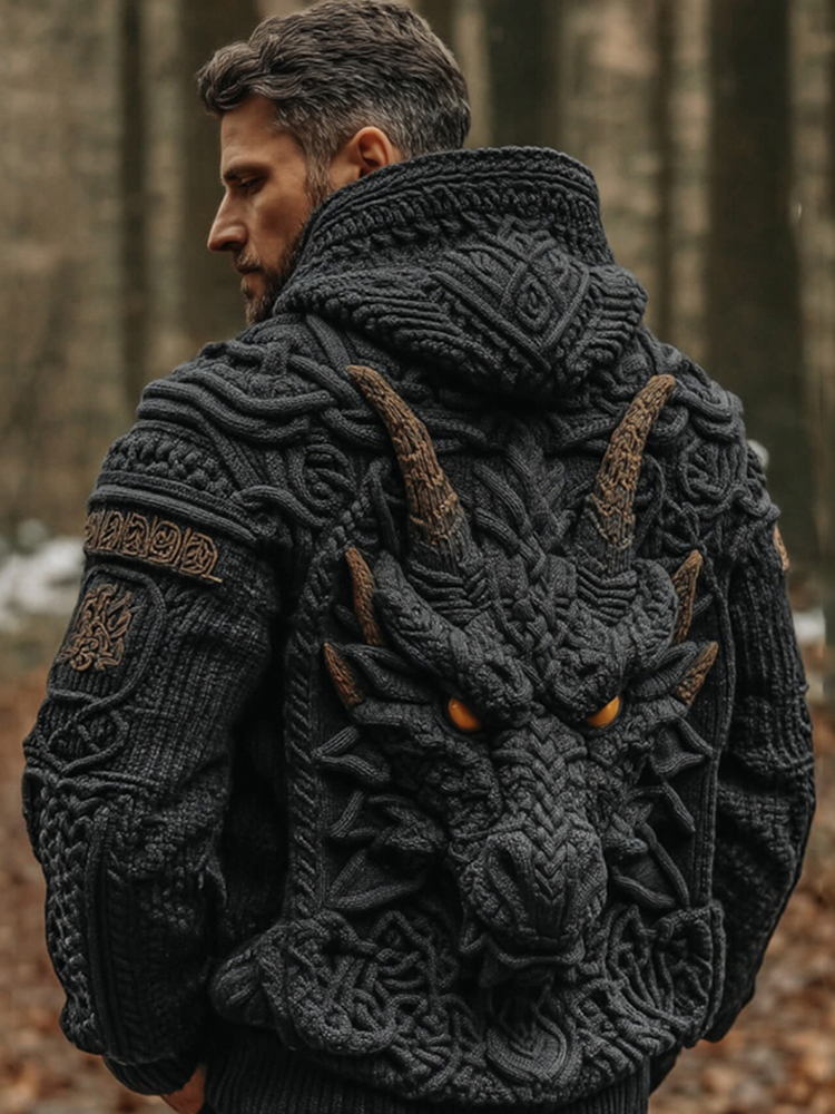 Men's Viking Dragon Art Celtic Knit Cozy Hooded Sweater