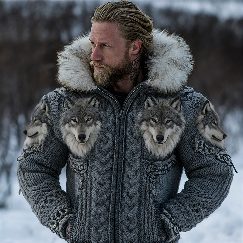 Men's Fuzzy Wolves Viking Celtic Cozy Fur Trim Hooded Cardigan