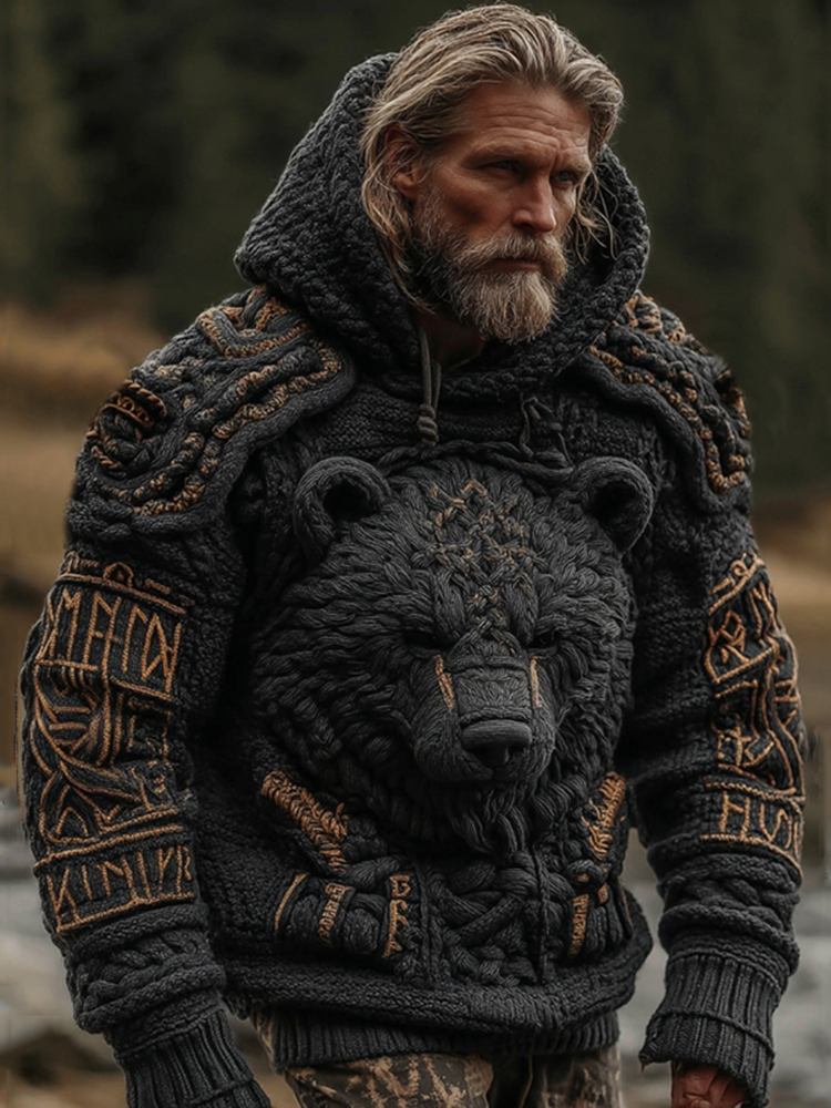 Men's Viking Brown Bear Celtic Knot Jacquard Knitted Hooded Sweater