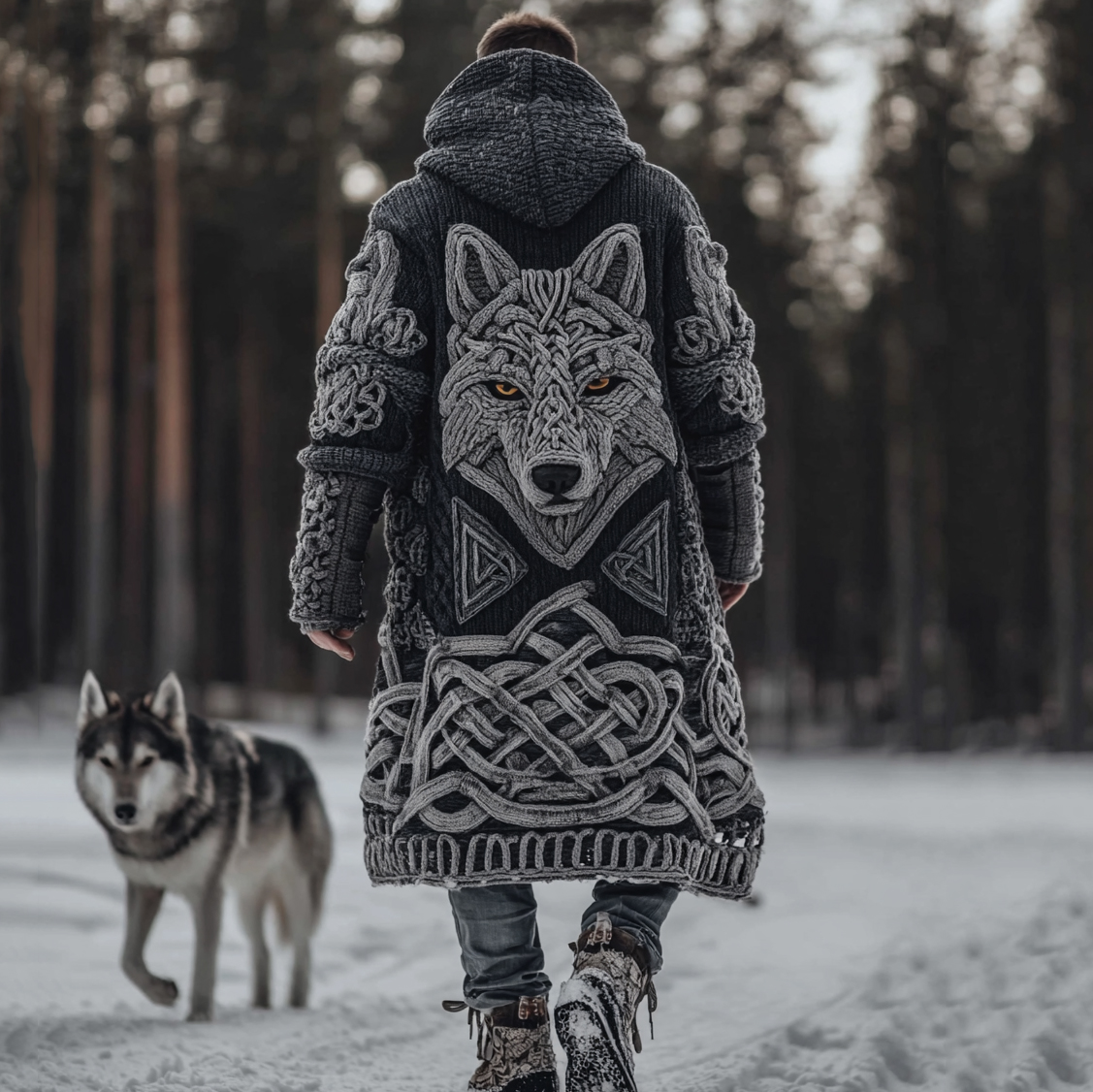 Men's Viking Style Celtic Knot Wolf Head Sweater Cardigan