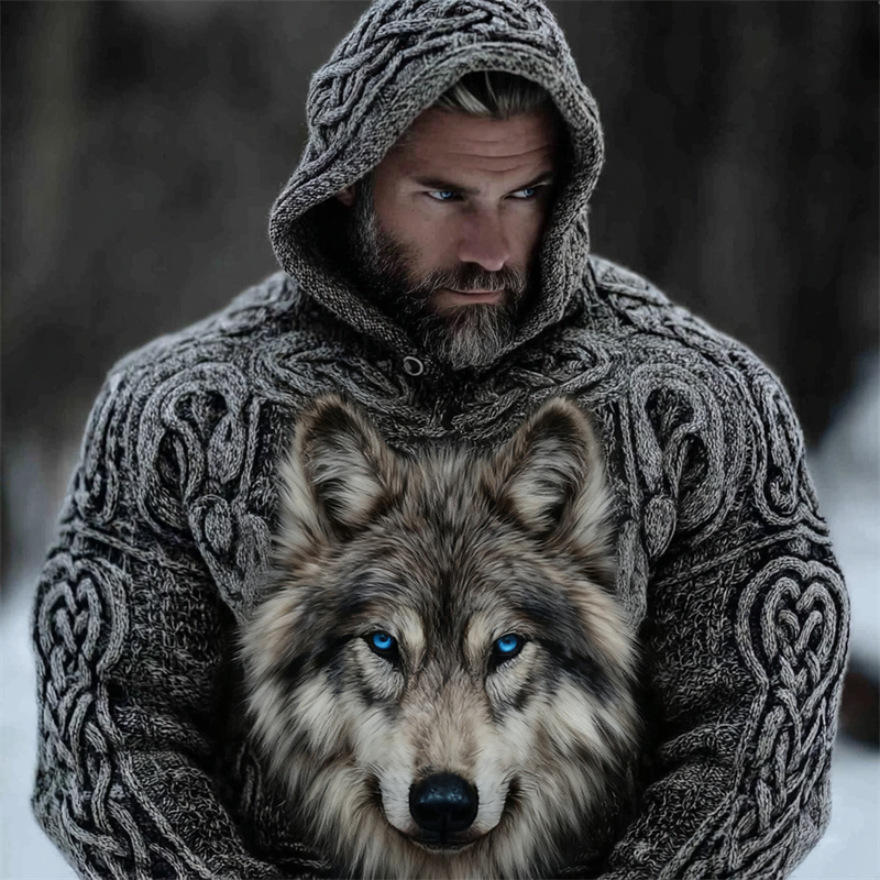 Men's Fuzzt Wolf Head Viking Celtic Chunky Hooded Sweater