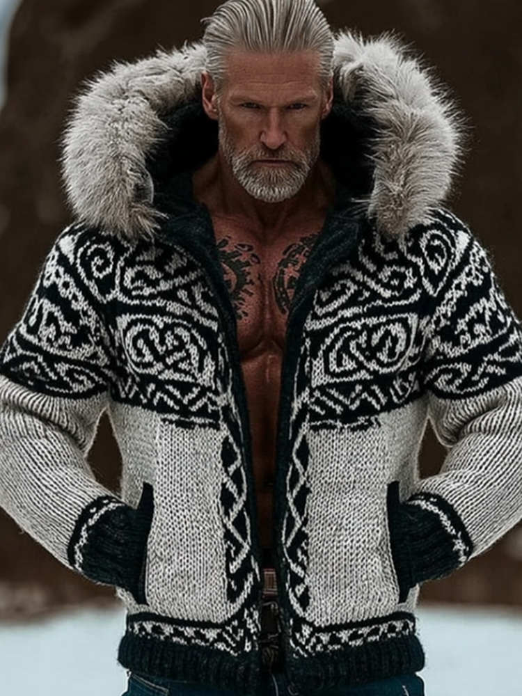 Vintage Viking Celtic Style Men's Knit Hooded Sweater Jacket