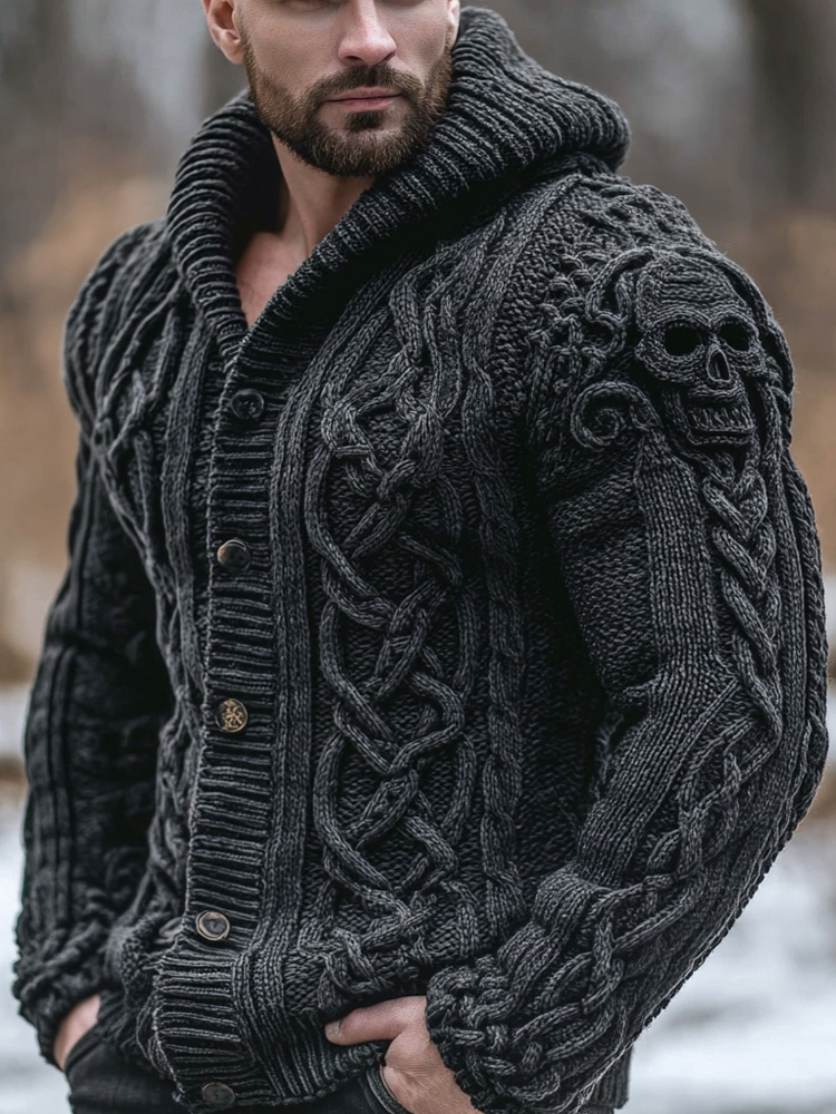 Men's Vintage Skull Celtic Chunky Cozy Hooded Cardigan