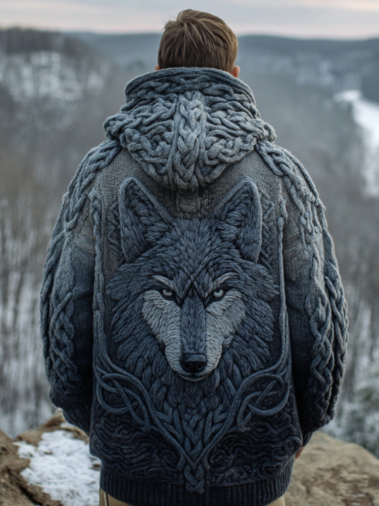 Men's Viking Wolf  Style Celtic Thick Zip-up Cardigan Sweater