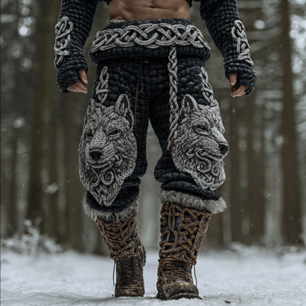 Men's Viking Celtic Knot Wolf Head Embroidery Thick Needle Thick Casual Pants