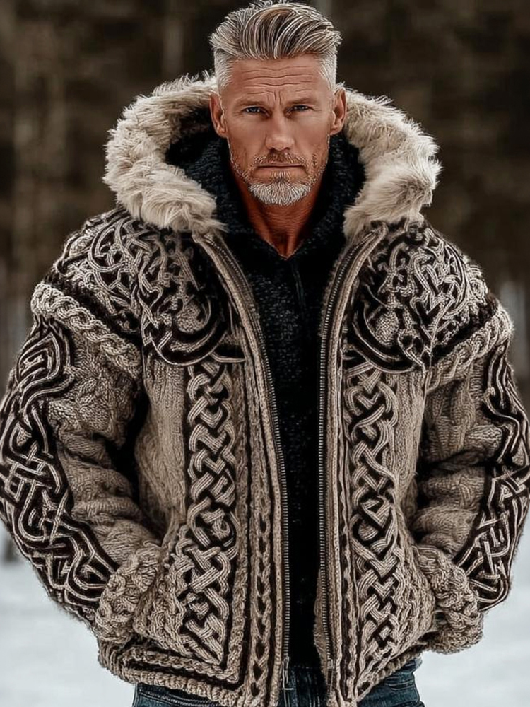 Men's Vintage Viking Celtic Style Cozy Fur Collar Knit Hooded Sweater Jacket