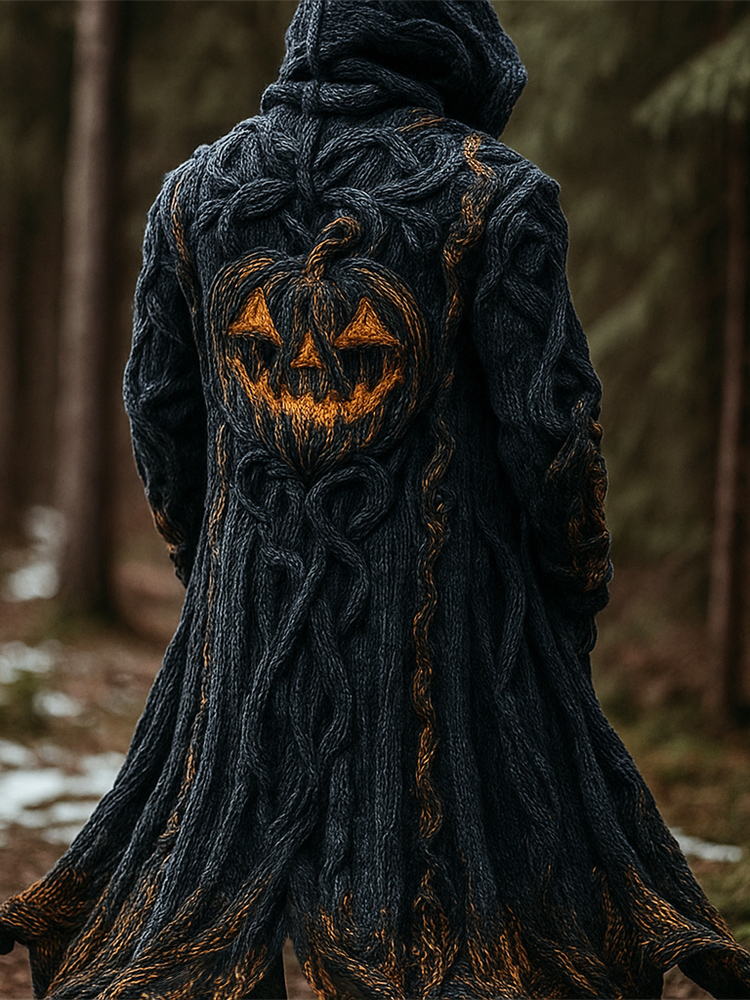 Halloween Pumpkin Emoji Men's Chunky Knit Hooded Long Cardigan