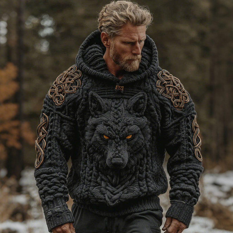 Men's Vintage Viking Wolf Jacquard Knit Hooded Sweater