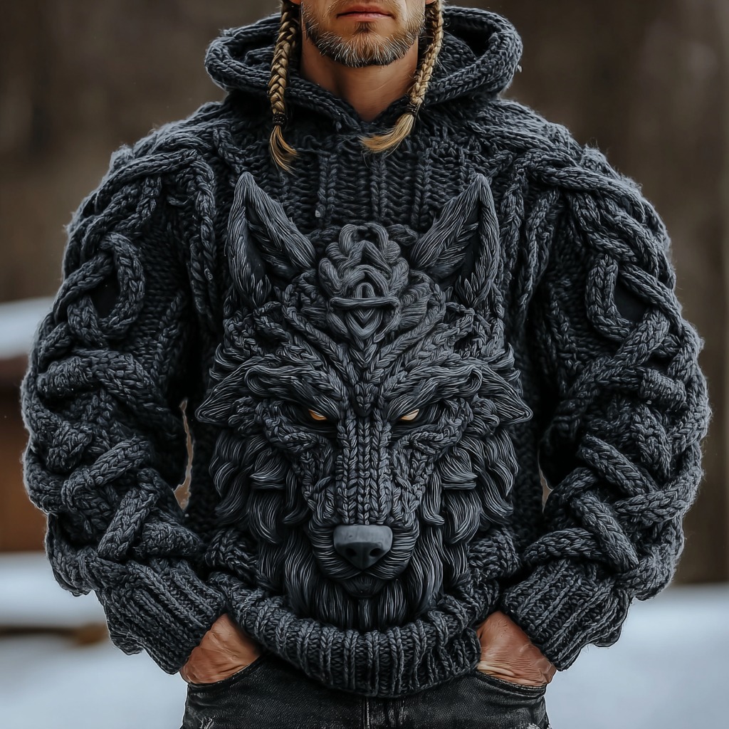 Vintage Viking Wolf Knit Thick Warm Men's Hooded Sweater