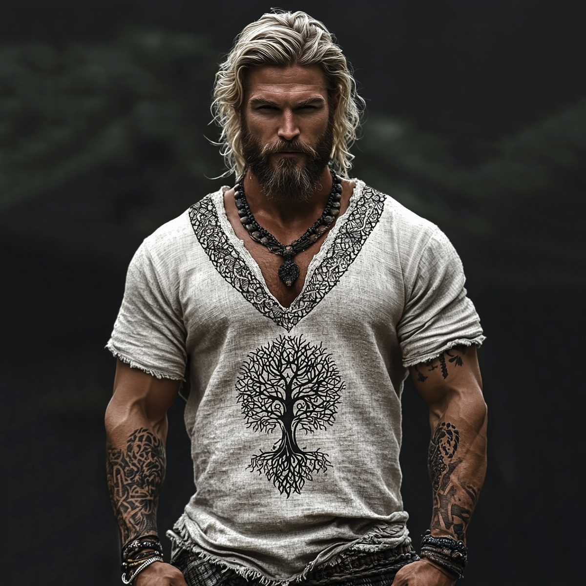 Men's Vintage Viking Life Of Tree Celtic Knot Art Linen Blend T-shirt