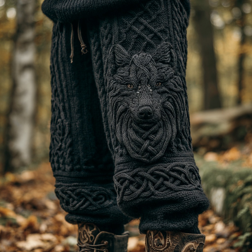 Men's Vintage Viking Celtic Wolf Knitted Pattern Plush Pants